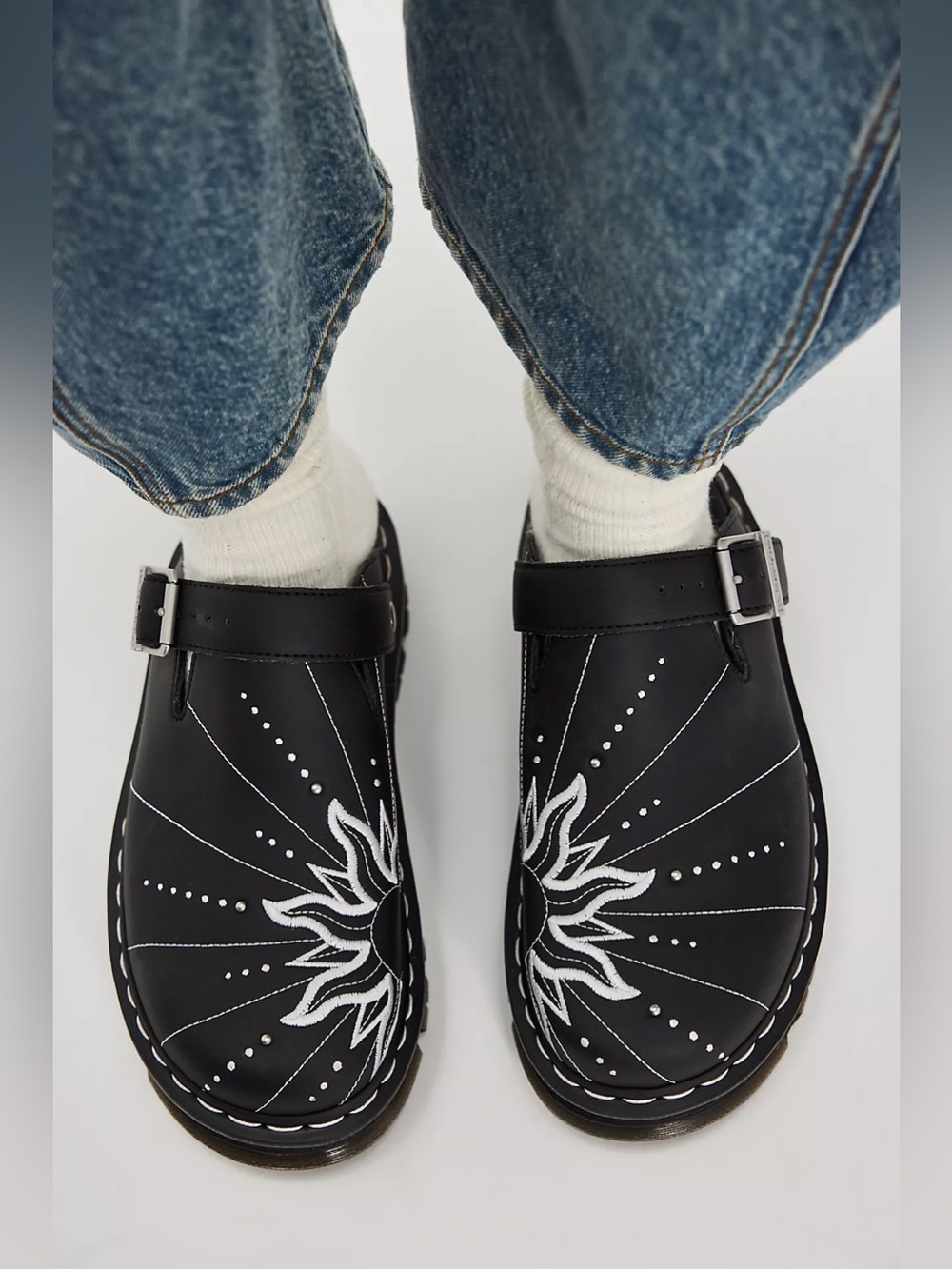 New Dr. Martens Zebzag Solar Flare Mules - Black Embroidered Sun Clog Shoes